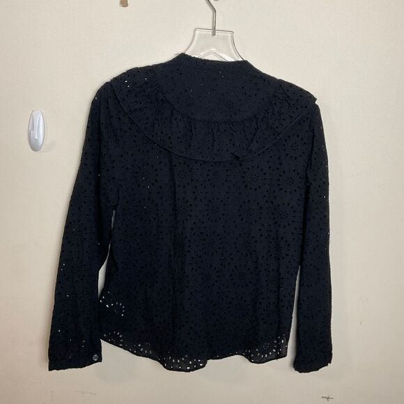 MADEWELL Eyelet Ruffle Front Blouse Black Button Front G8472 Women's Large - Picture 4 of 4